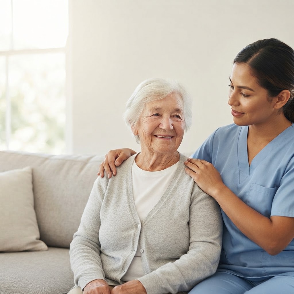 Latina home health aide compassionately caring for an elderly woman at home in Rhode Island