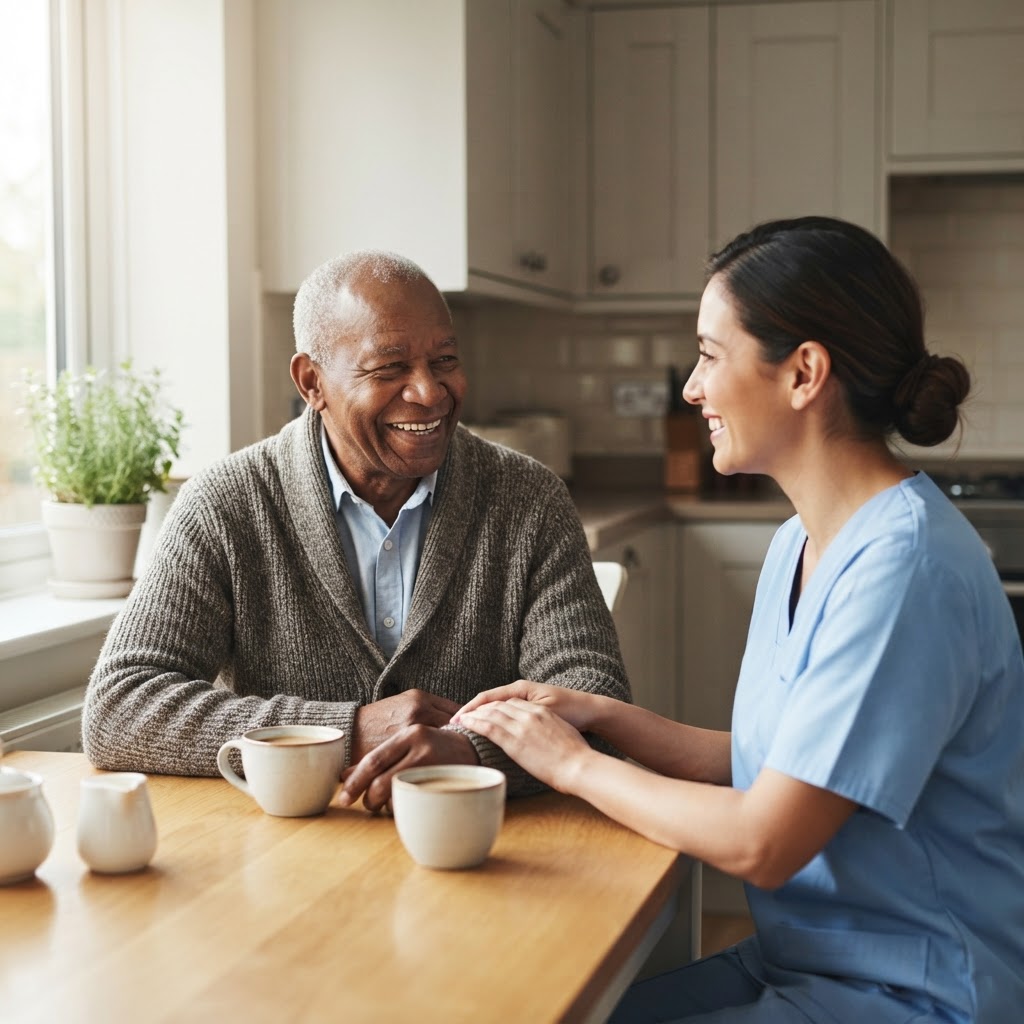 Home health aide sharing warm conversation with an elderly man at home in Rhode Island