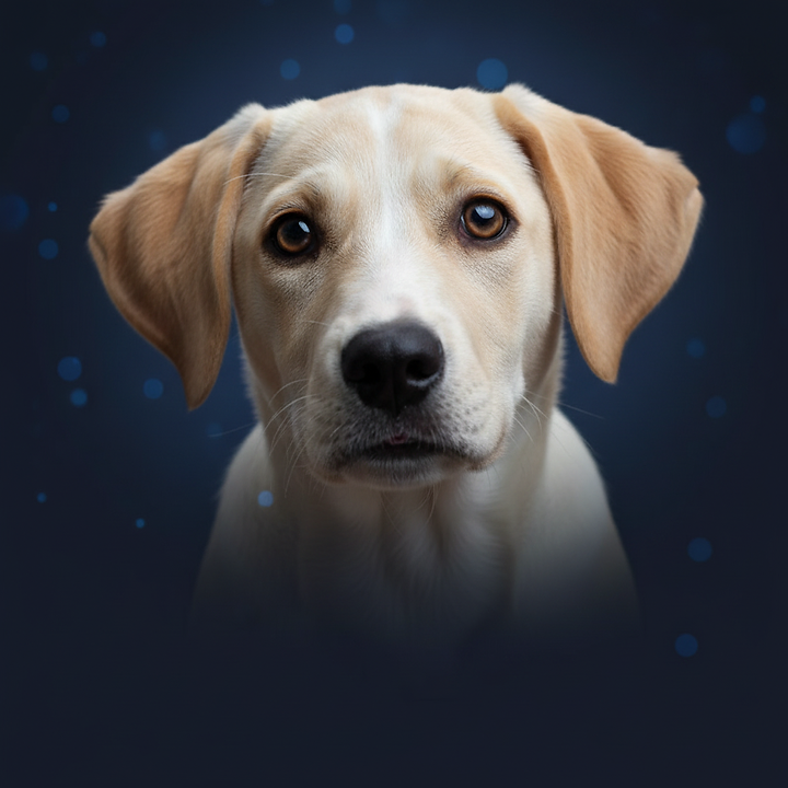 A pet photo transformed into a Pawsitive Messages talking pet message, with the pet's personality brought to life through AI.
