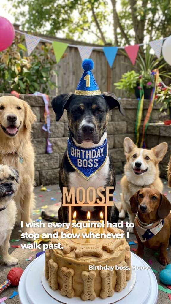 Moose wearing a Birthday Boss hat beside a cake and pet friends