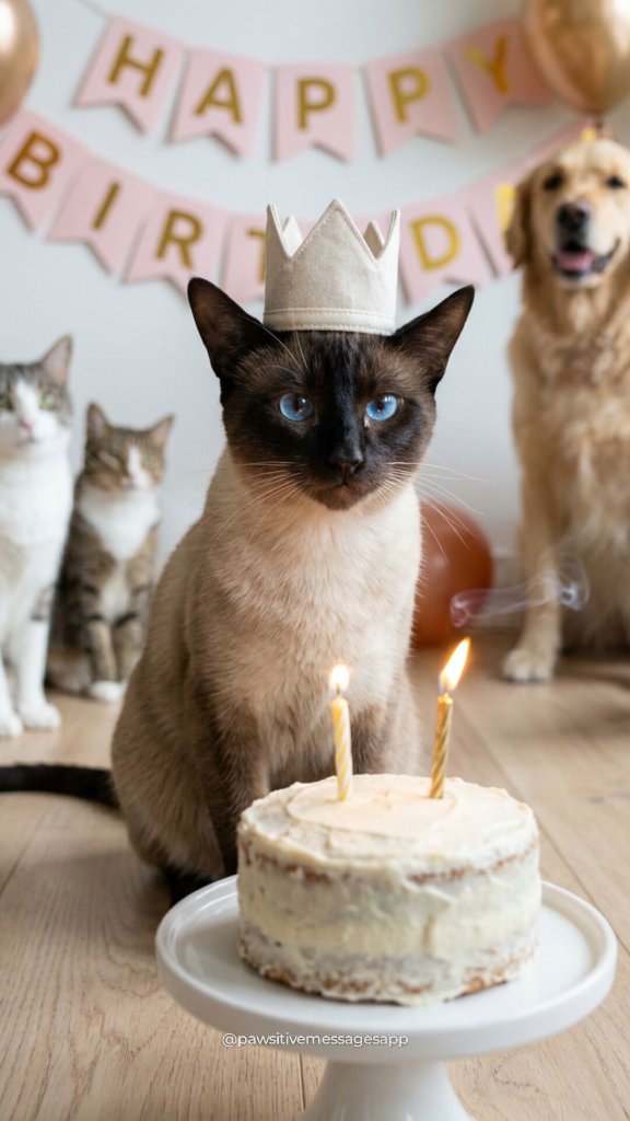 Siamese cat wearing a birthday crown beside a cake with pet friends