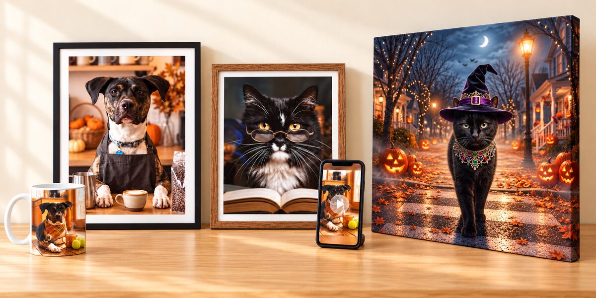 Custom pet creations: Moose as a barista in a black frame, CiCi’s library portrait, a Halloween black cat canvas, a mug, and a video mockup