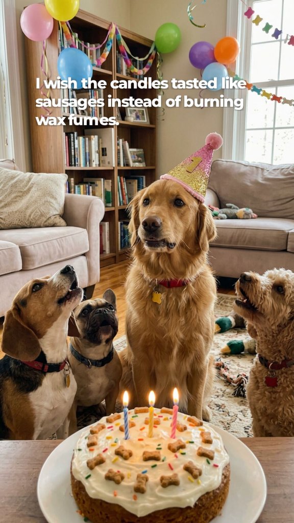 Golden retriever celebrating a birthday with dog friends and a cake