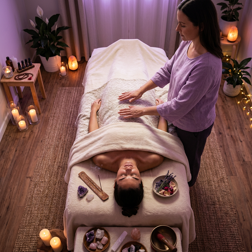 A reiki practitioner performing a hands-on healing session in a peaceful treatment room
