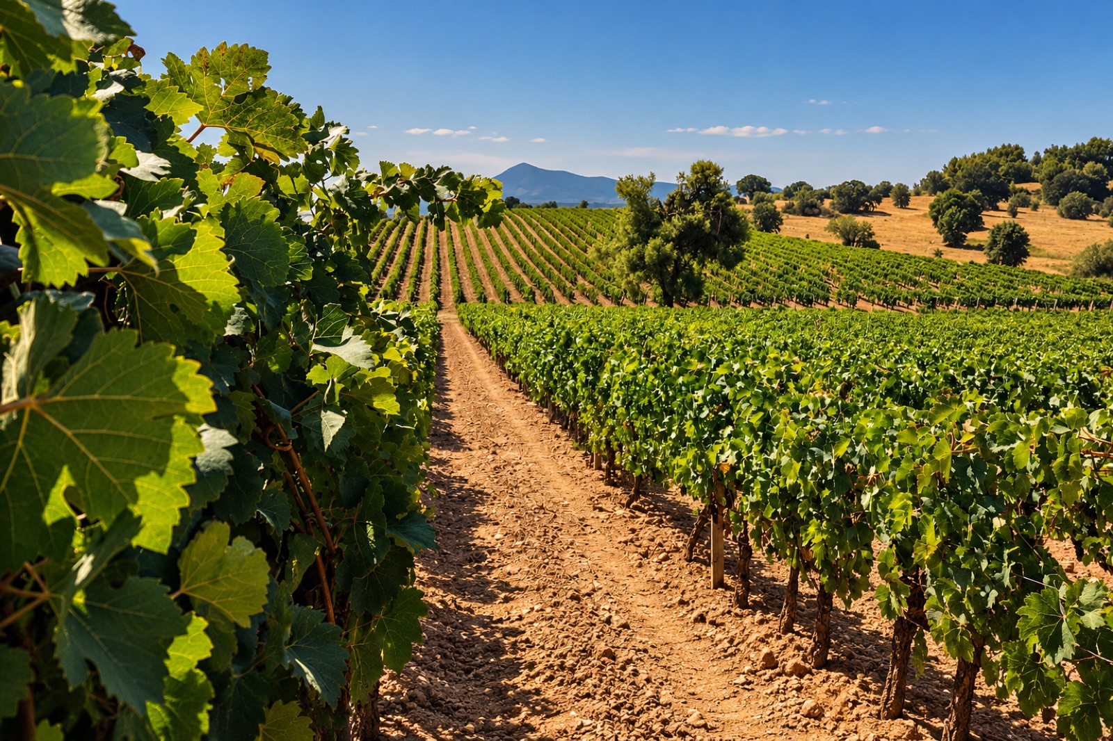Vineyard rows in the Mesogeia wine region around Markopoulo, Attica