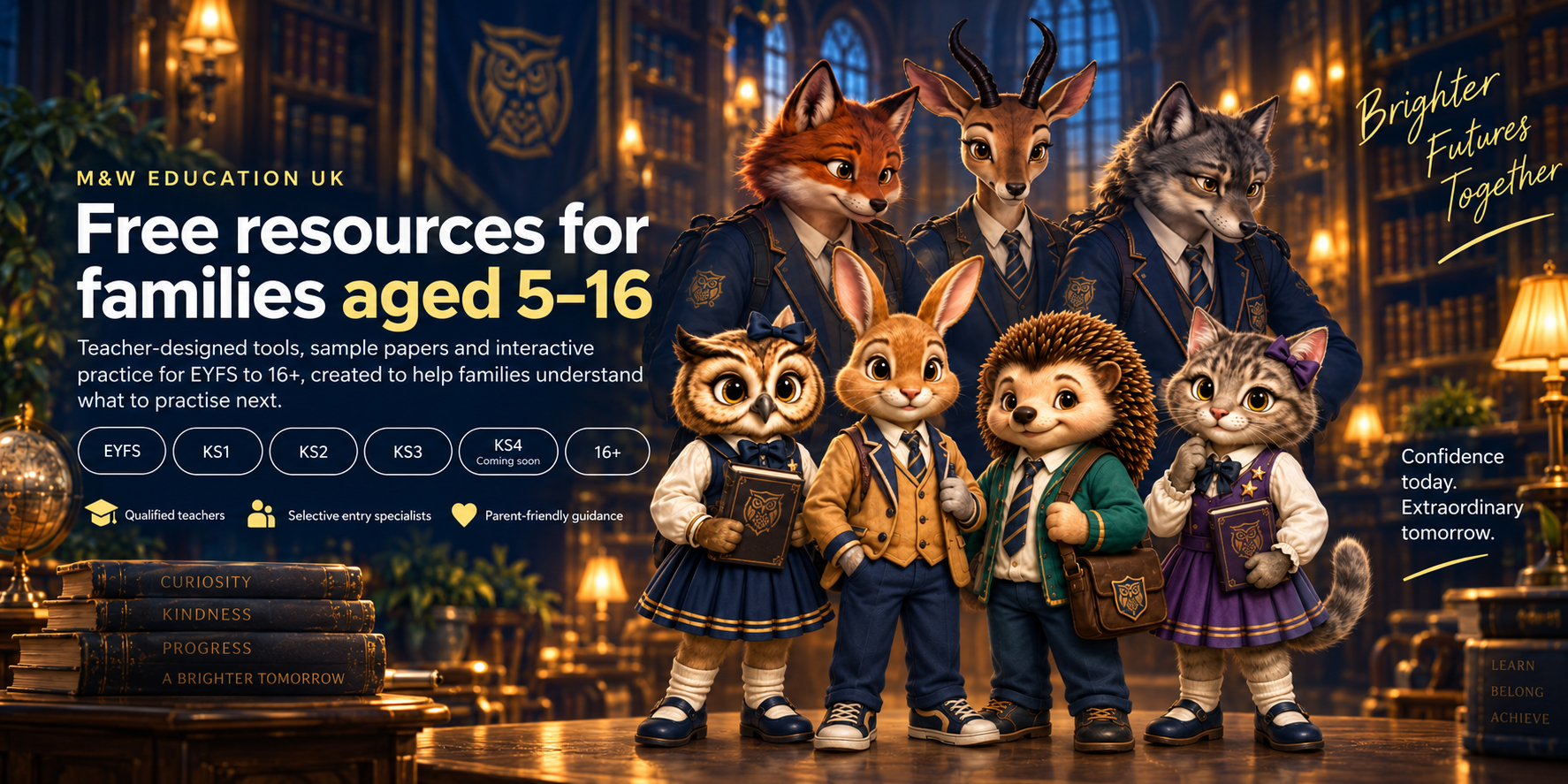 M&W Education UK free resources banner with younger and older school characters in a warm library setting.