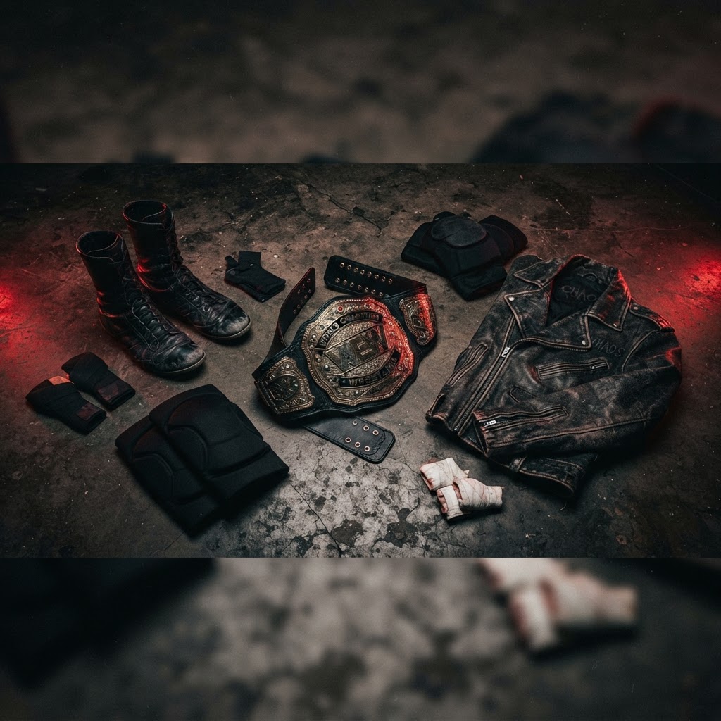 Wrestling gear arranged on dark surface