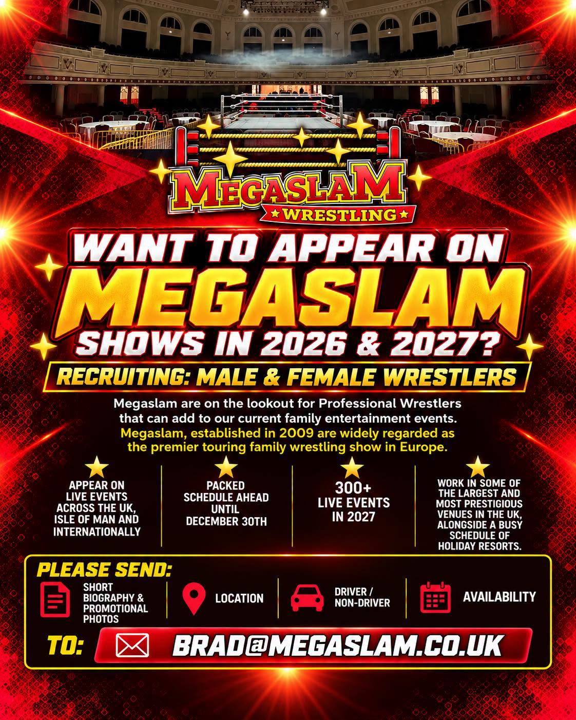 Megaslam Wrestling Recruiting Male & Female Pro Wrestlers for 2026-2027 Tour