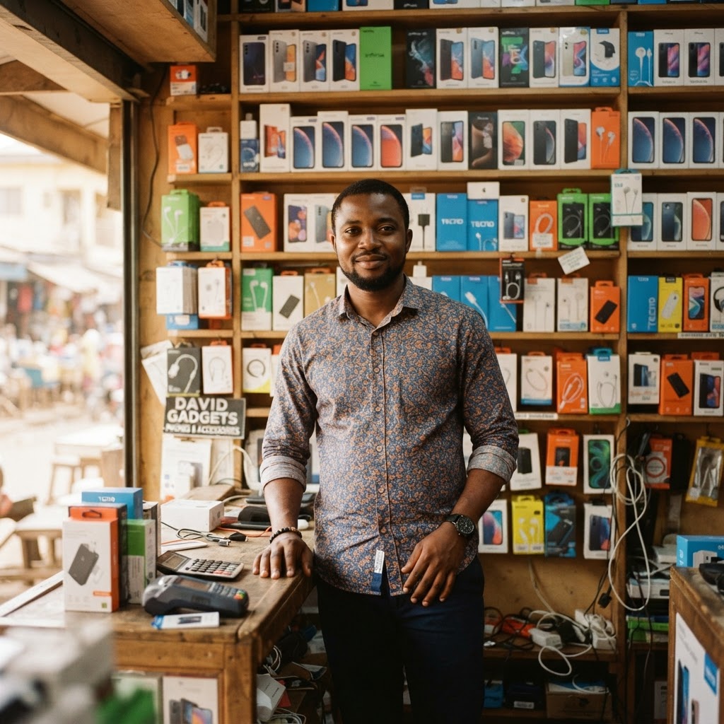 Black male gadget seller in his electronics shop in Lagos
