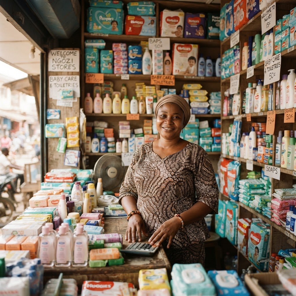 Black female hygiene and baby care product seller in her shop