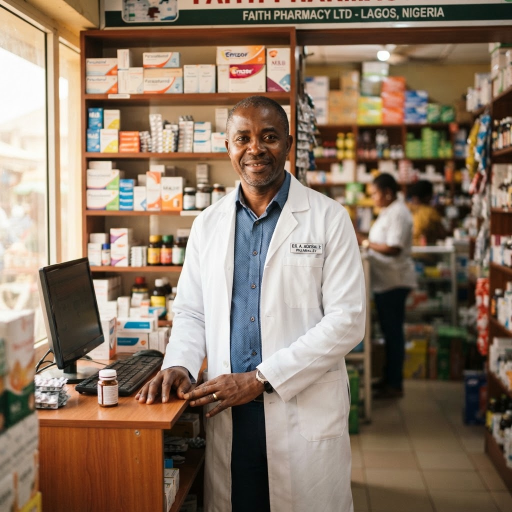 Black male pharmacist with grey hair in his pharmacy shop