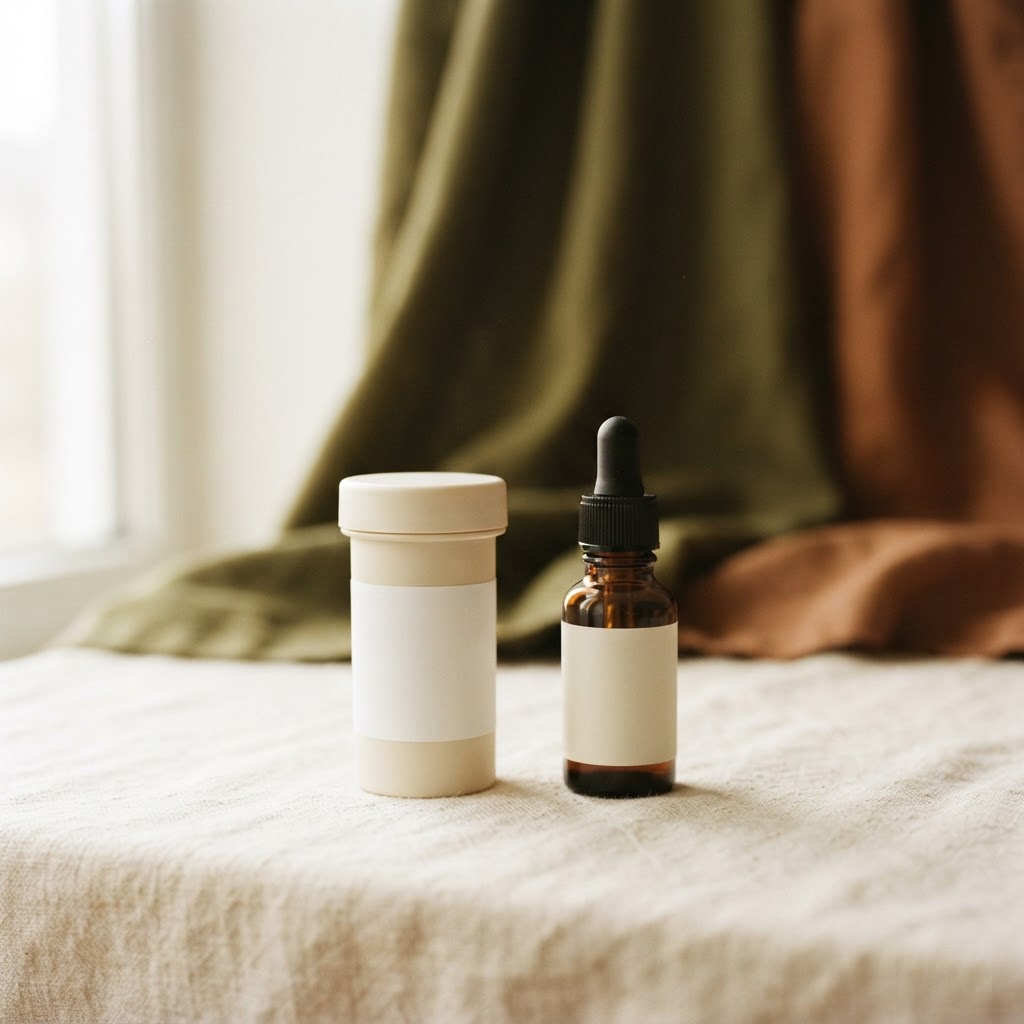 MedRevolve prescription bottle on a cream linen surface