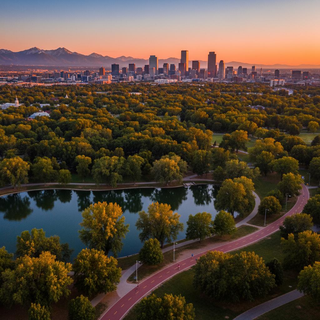Washington Park Denver — aerial view of Smith Lake, park paths, and Denver skyline with Rocky Mountains