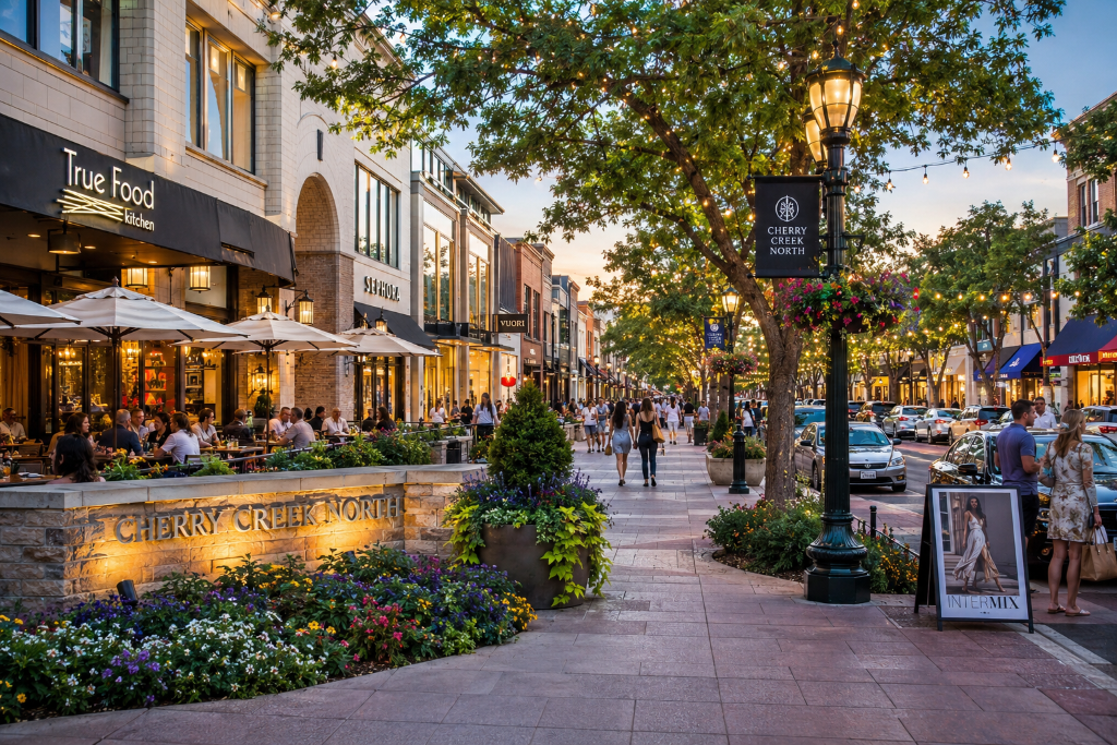 Cherry Creek North Denver — True Food Kitchen, outdoor dining, and Cherry Creek North streetscape at dusk