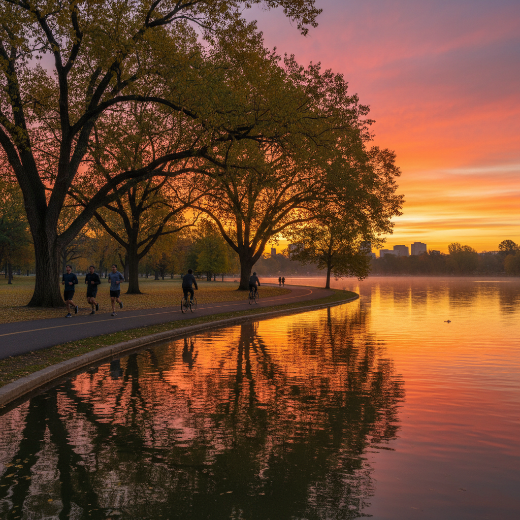 Washington Park Denver — paved path alongside Smith Lake at sunrise