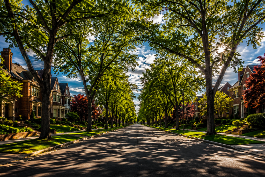 Hilltop Denver — tree-lined residential street with mature elm canopy and brick Tudor homes