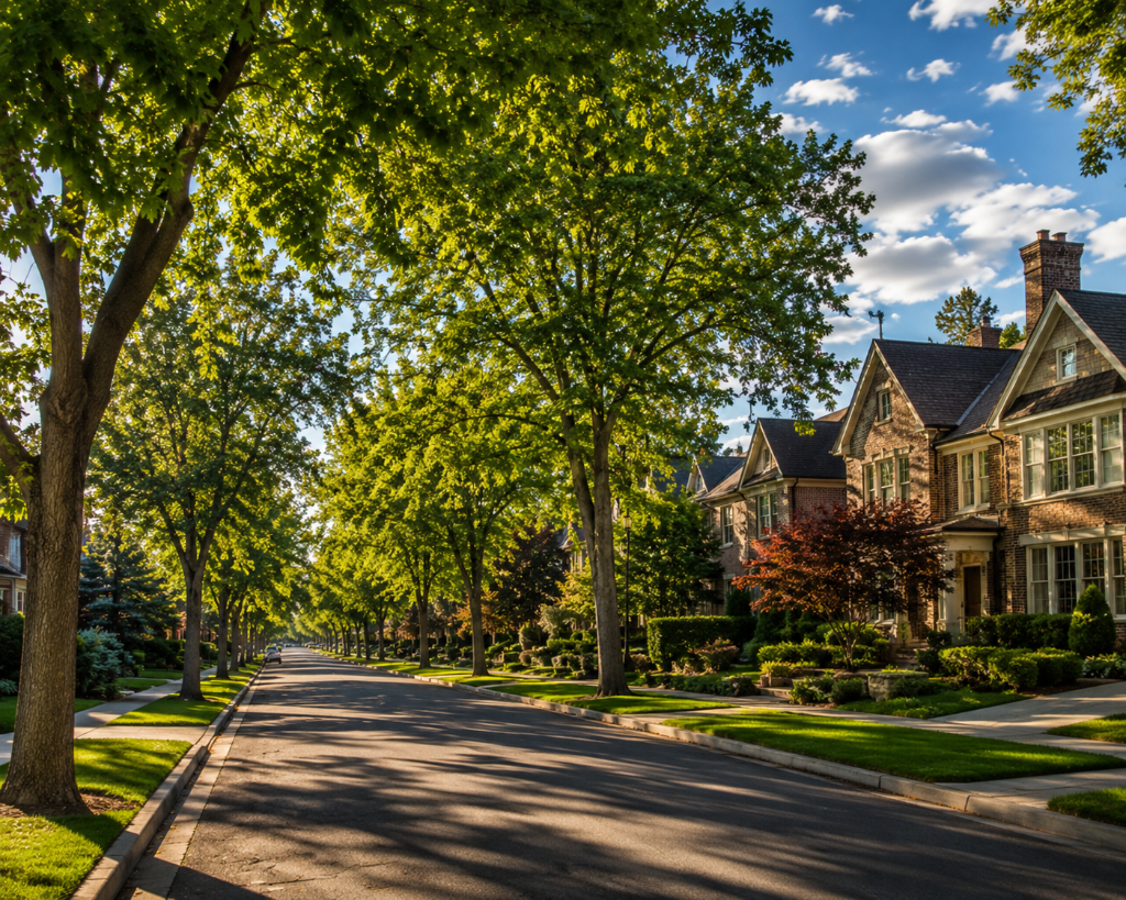 Cory-Merrill Denver — tree-lined residential street with brick homes and mature canopy