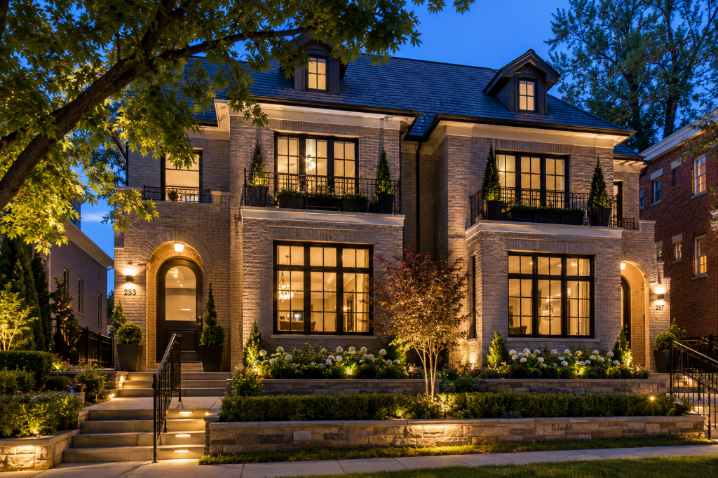 Hilltop Denver — luxury brick Tudor home at dusk with mature landscaping