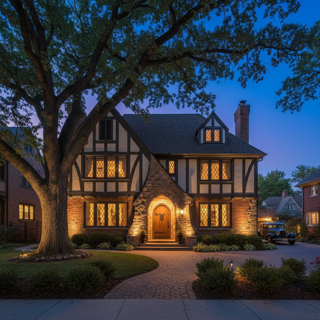 Park Hill Denver — Tudor Revival home at dusk with warm interior light and leaded glass windows