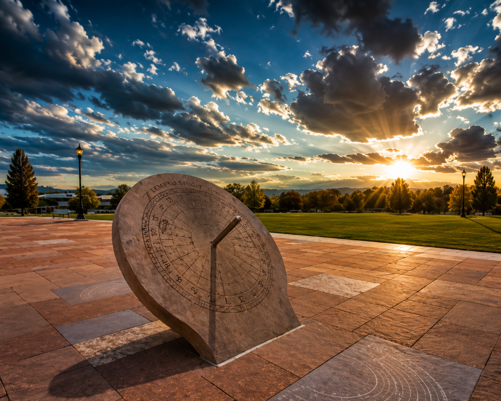 Cranmer Park Denver — iconic sundial with Rocky Mountain views at sunset, Hilltop neighborhood