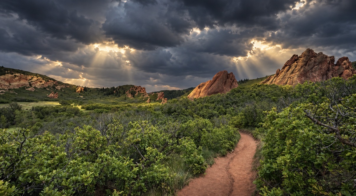 Red rock formations of Roxborough State Park Colorado with dramatic storm light over the foothills near 10276 Totem Run