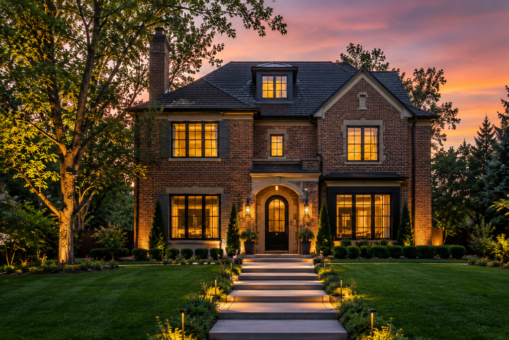 Hilltop Denver — brick Tudor home at dusk with arched entry, mature trees and landscaped yard