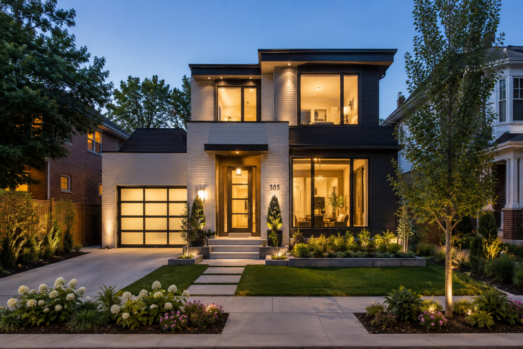 Hilltop Denver — contemporary new construction luxury home at dusk