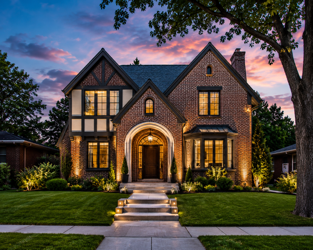 Cory-Merrill Denver — brick Tudor home at dusk with warm interior light and landscaped yard