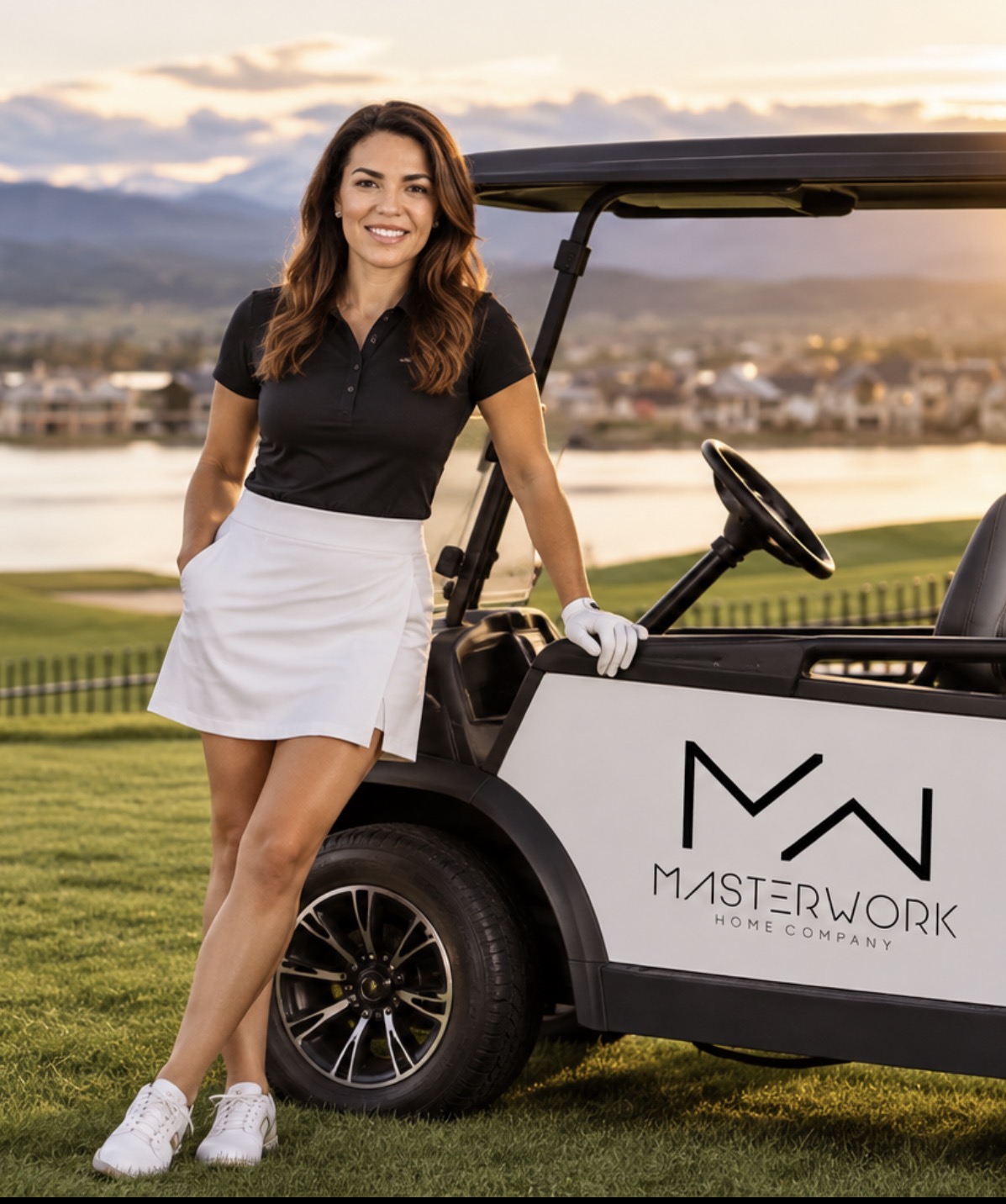 Golfer beside a Masterwork Home Company golf cart on the TPC Colorado course at sunset