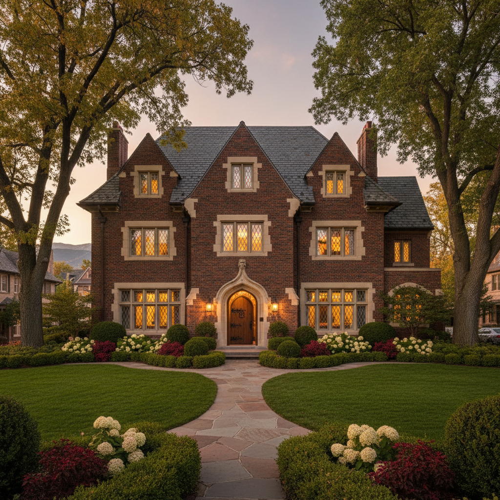 Hilltop Denver — Tudor Revival brick home with stone accents and mature trees at golden hour