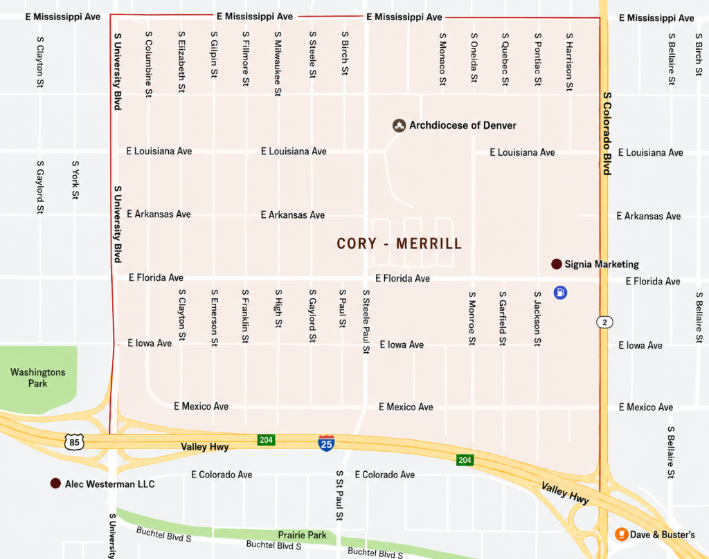 Cory-Merrill Denver neighborhood map showing boundaries — Mississippi Ave, University Blvd, S Colorado Blvd, I-25