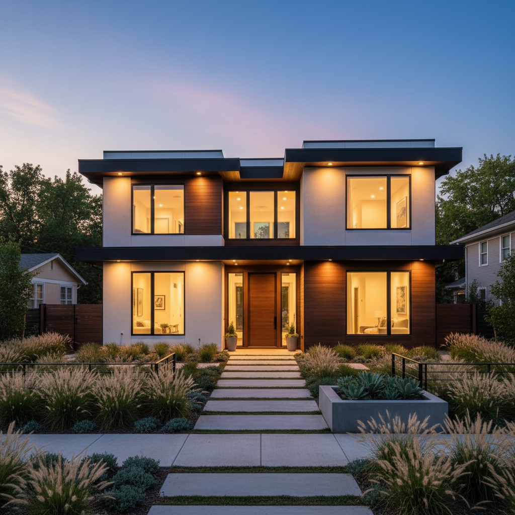 Cory-Merrill Denver — modern new construction luxury home at dusk