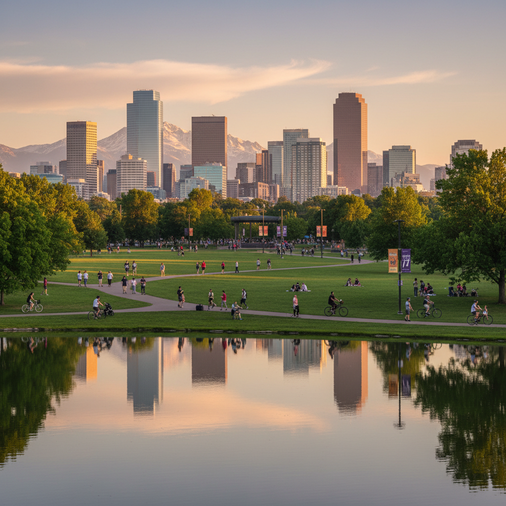 City Park Denver — lake reflection with skyline and mountains at golden hour