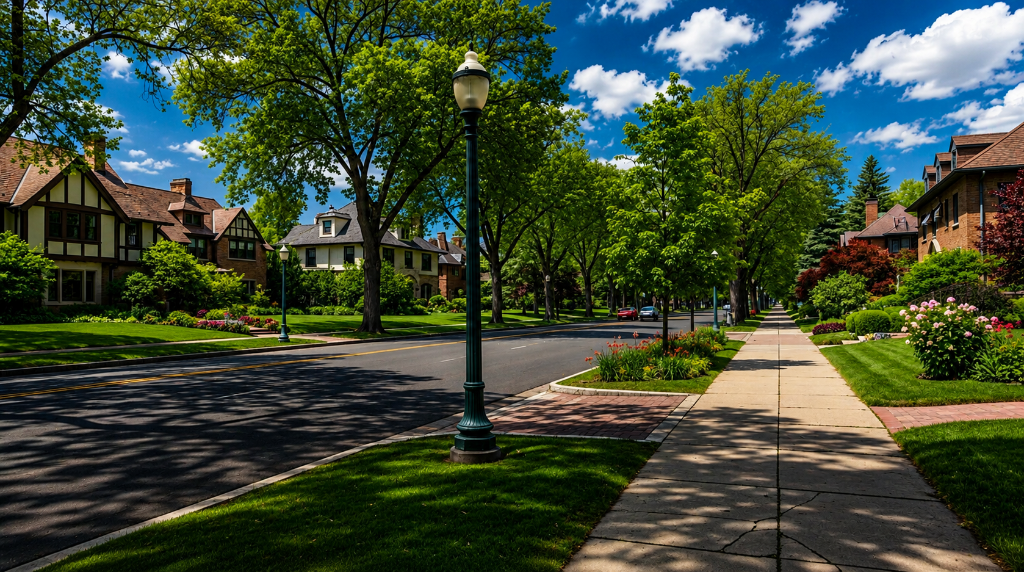 Denver Country Club neighborhood — tree-lined street with Tudor Revival and Colonial homes, ornate lamp posts