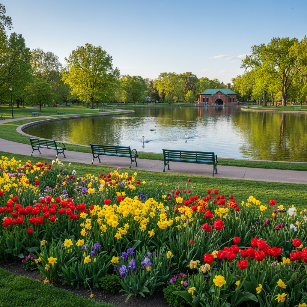 Washington Park Denver — park path and lake spring with flower gardens