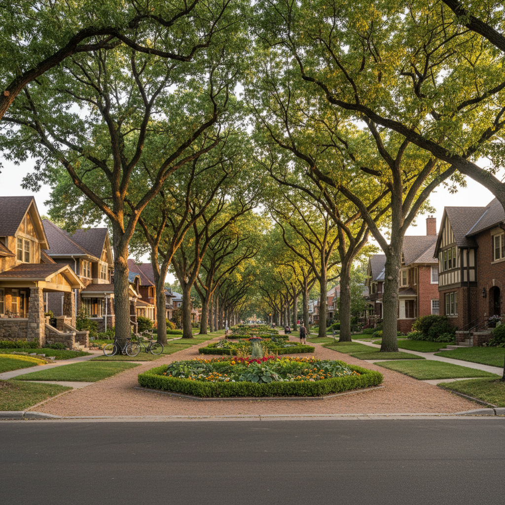 Montview Boulevard Park Hill Denver — tree-lined parkway with formal landscaped median and craftsman homes