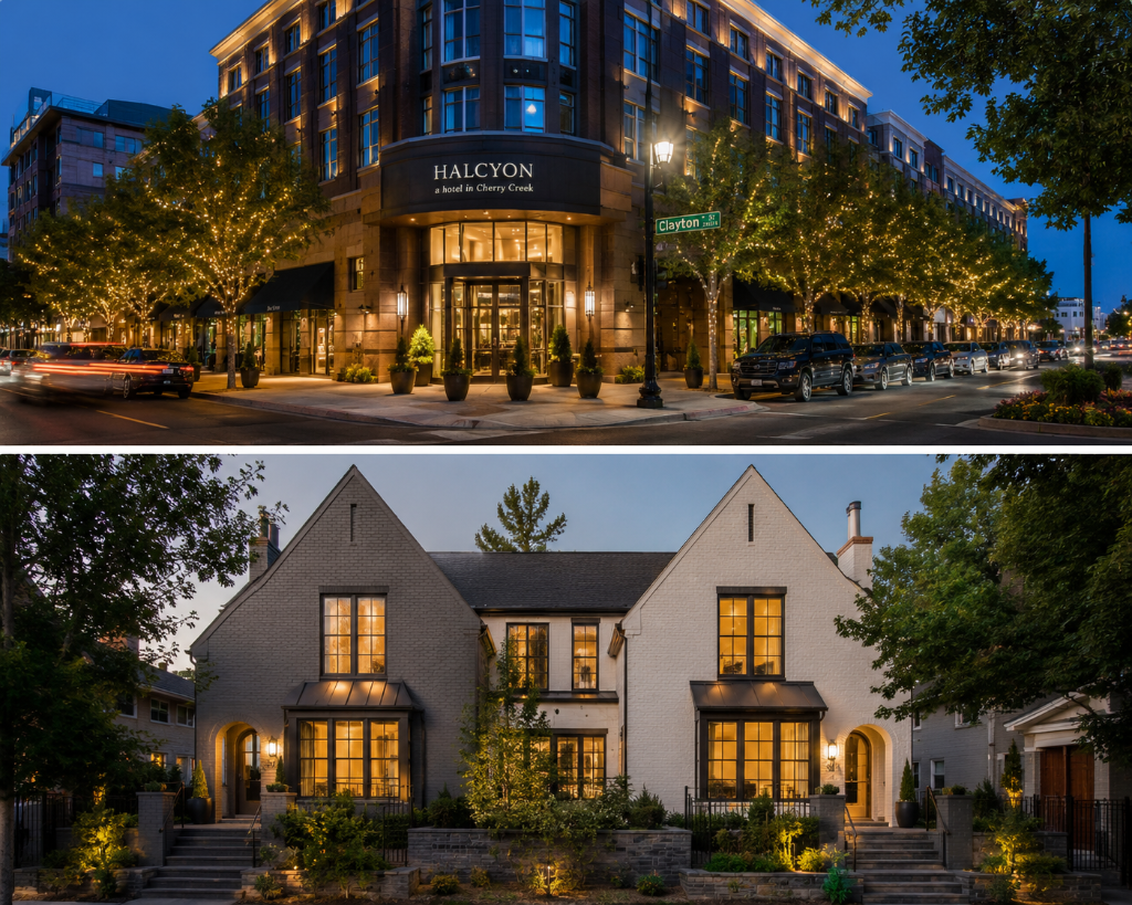 Cherry Creek North Denver — Halcyon Hotel and luxury residential homes at dusk