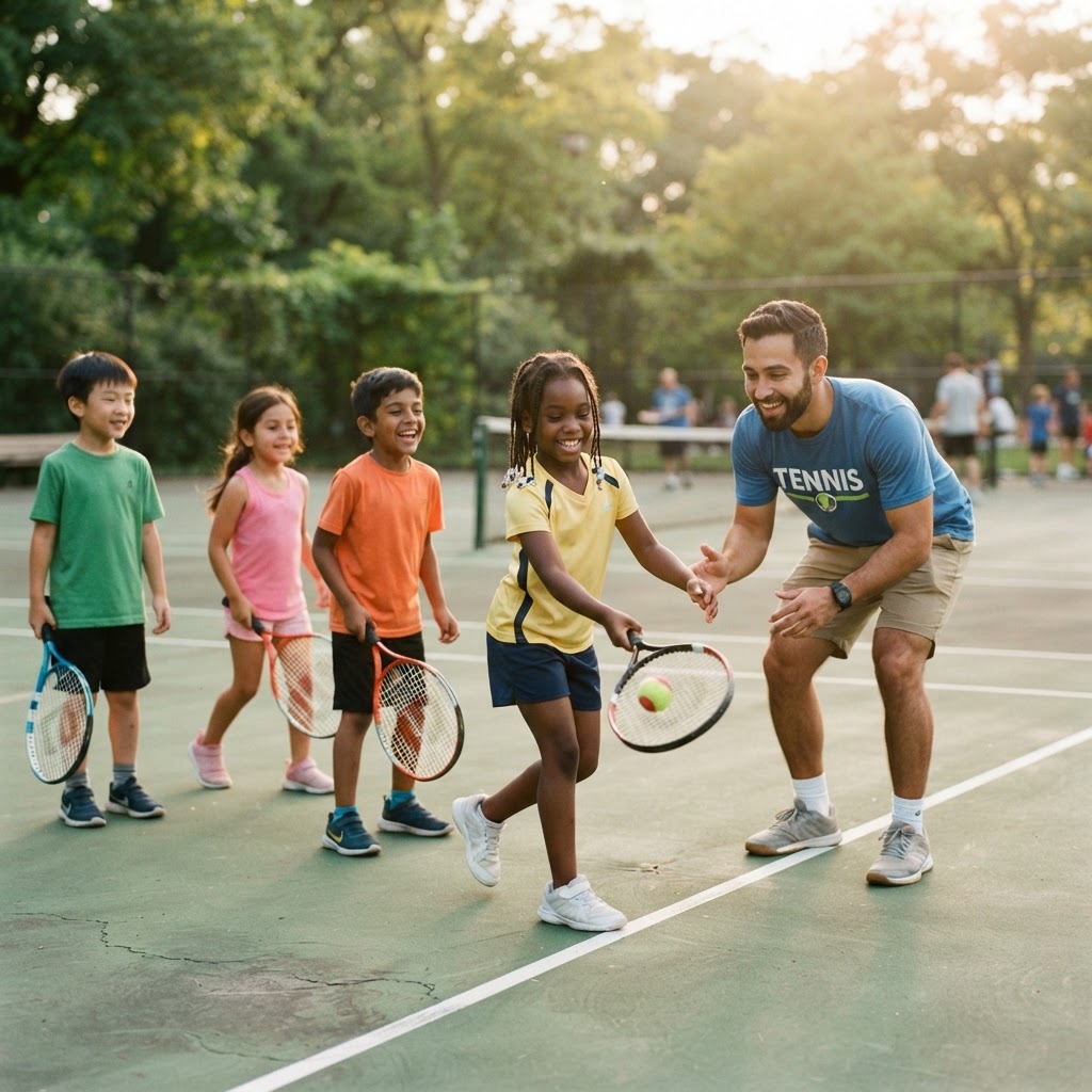 Children learning tennis with a coach