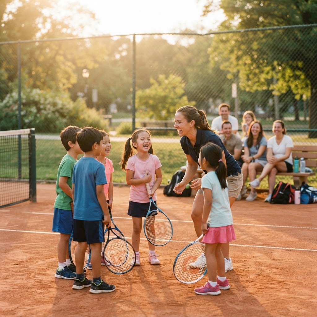Beginner children with coaches on court
