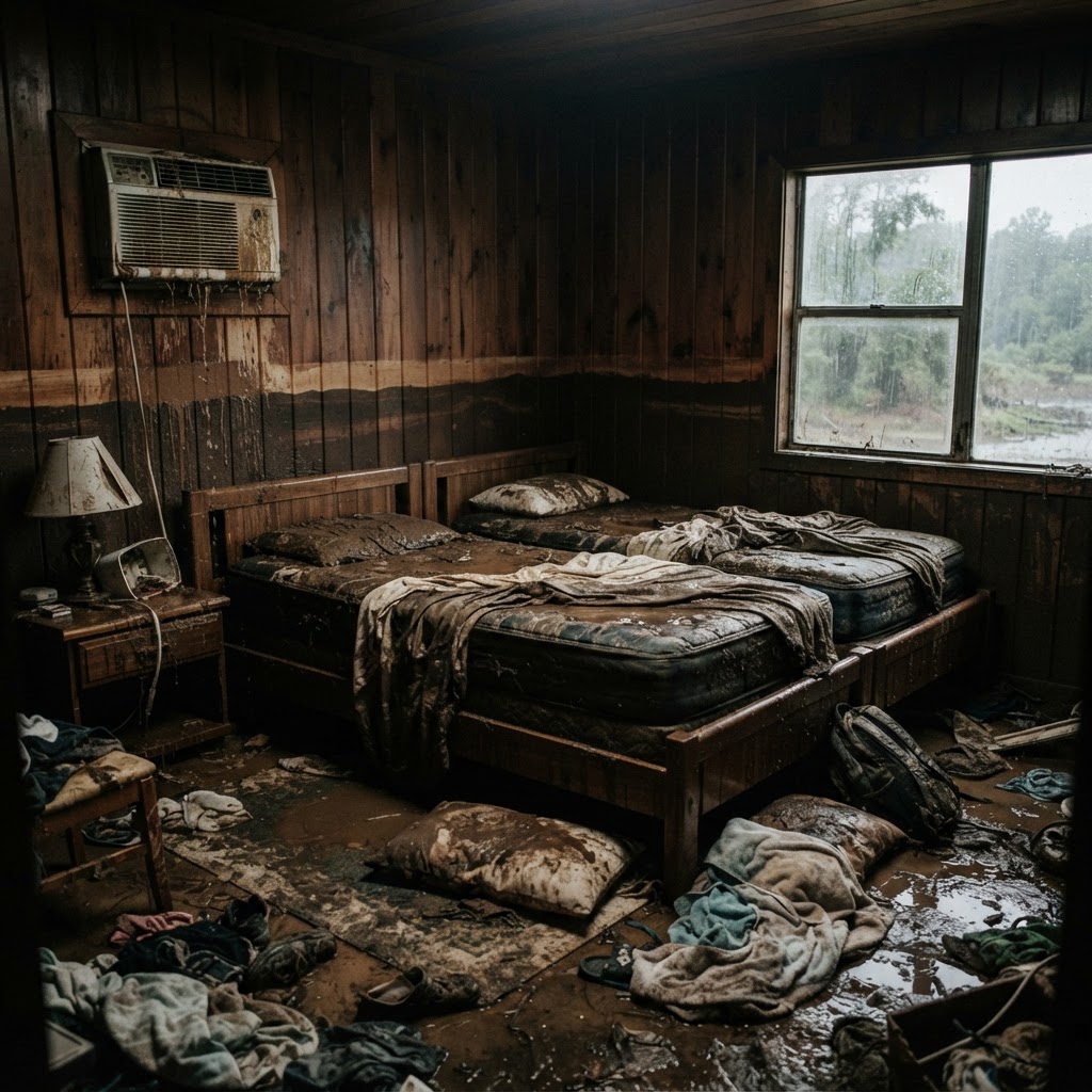 Flooded room, mattresses and beds destroyed