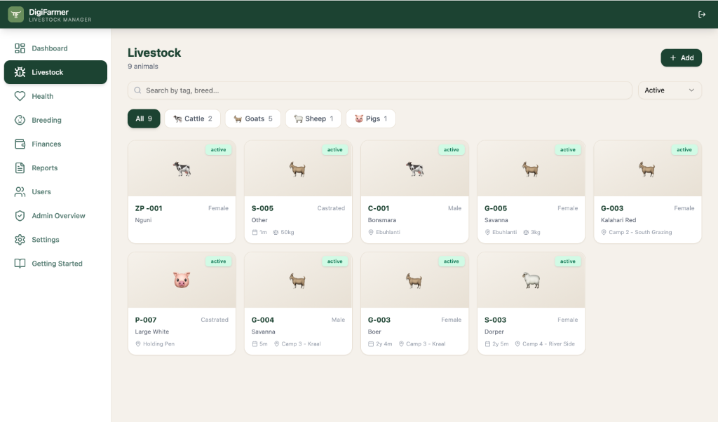 Livestock records screenshot