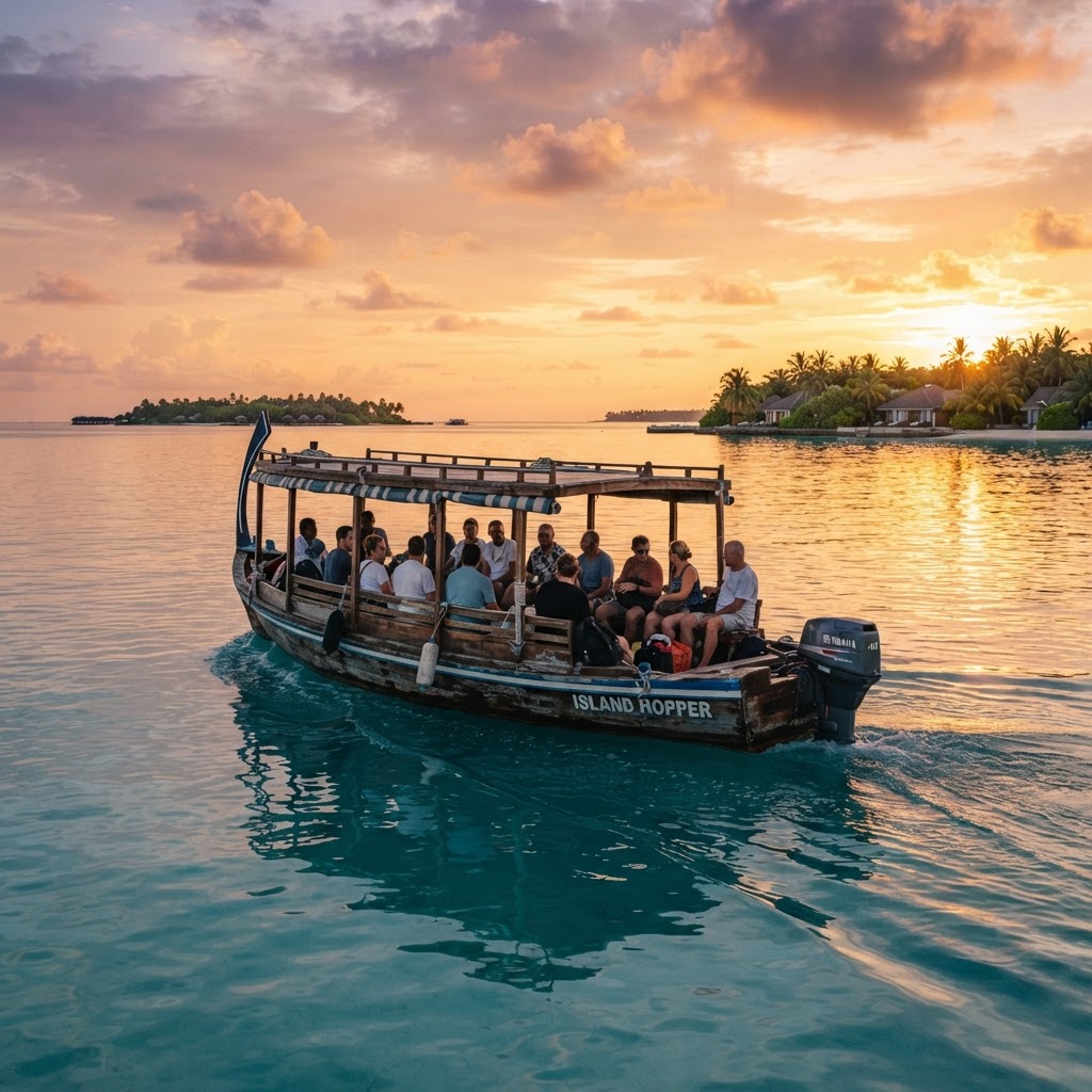 Traditional Maldivian dhoni boat at sunset with passengers