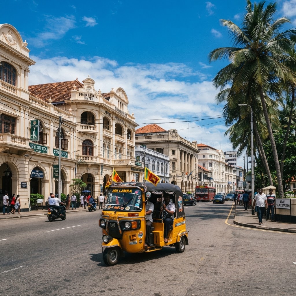 Sri Lankan tuk tuk and colonial buildings on a Colombo street