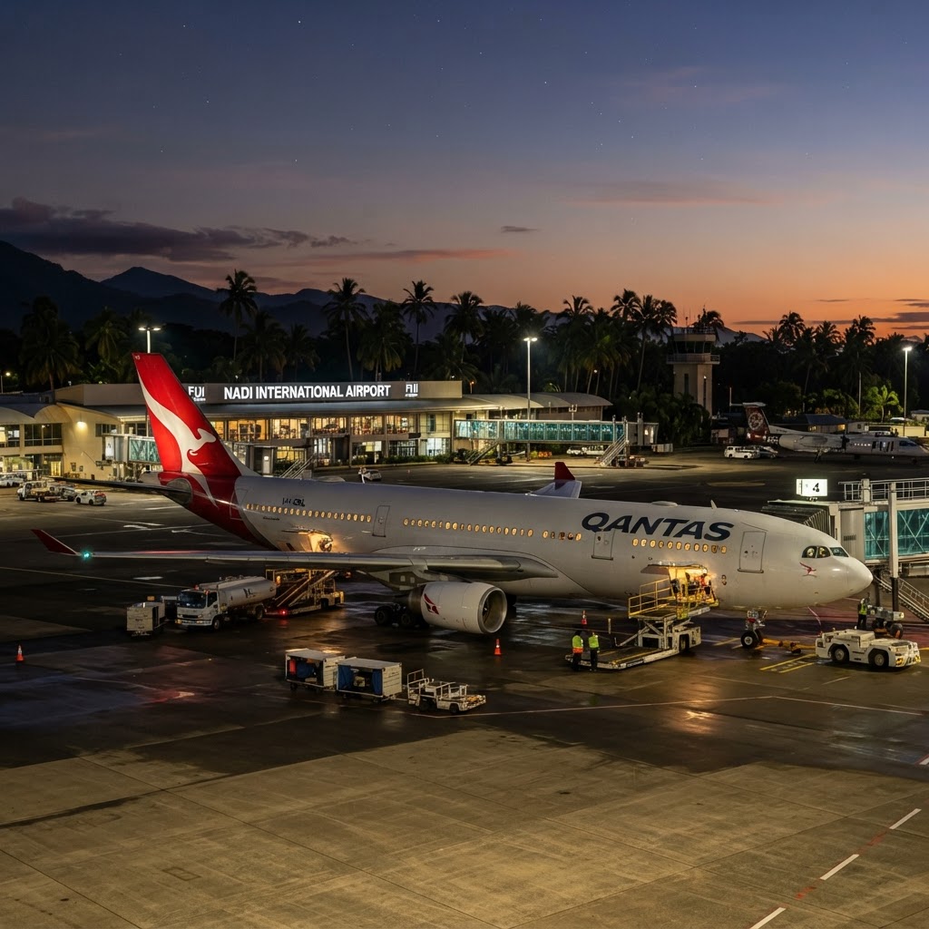 Qantas Airbus A330-200 at the gate at Nadi International Airport at dusk