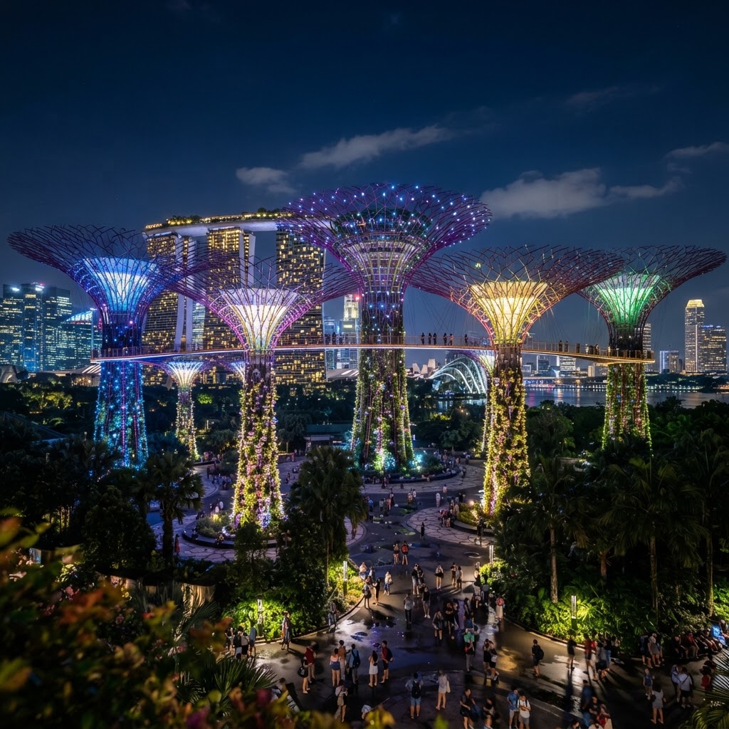 Gardens by the Bay Supertree Grove illuminated at night, Singapore