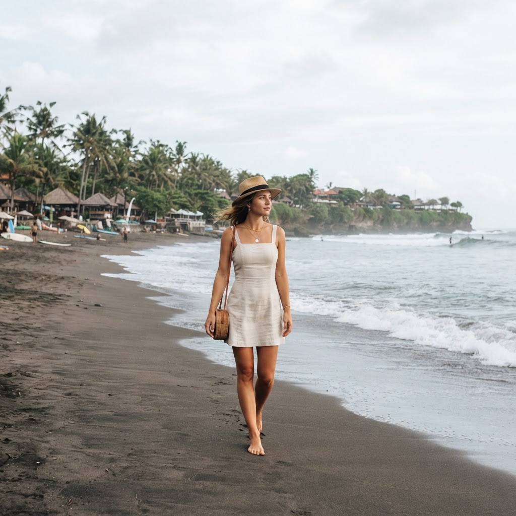Woman in light linen sundress and straw hat walking along a Bali beach in October