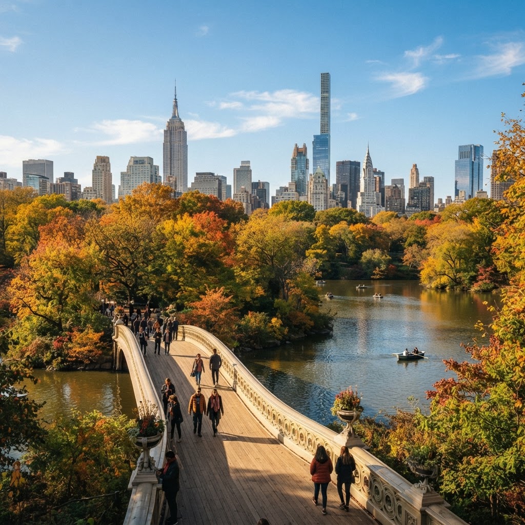 Central Park in New York City in autumn with golden and orange fall foliage and the Manhattan skyscrapers rising around the park