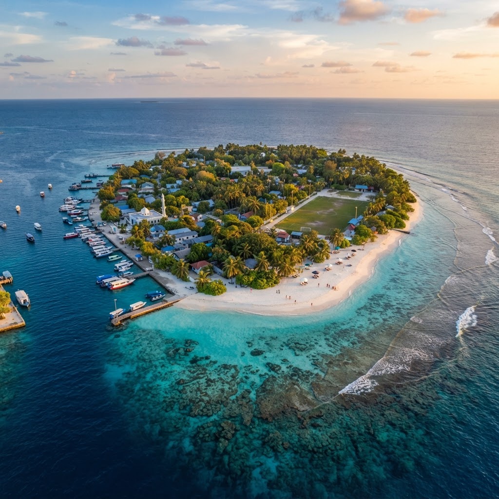 Aerial view of Thulusdhoo island Maldives with guesthouses, bikini beach and turquoise lagoon