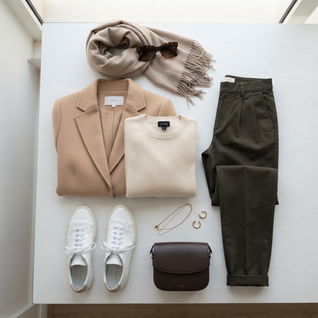 Flat lay of a Dubai December outfit — camel coat, knit sweater, scarf and sneakers