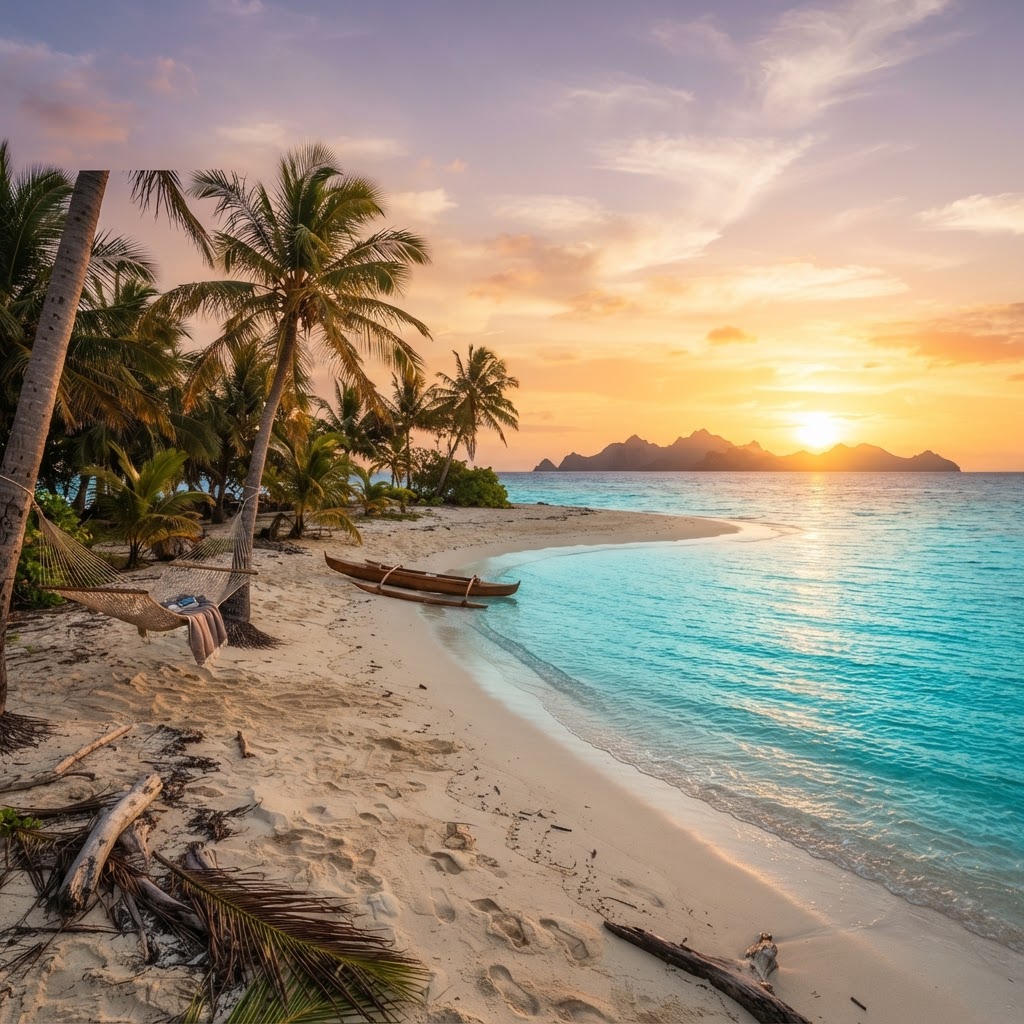A Mamanuca Island beach in Fiji at sunset with a hammock between two palms